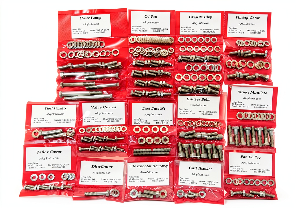 Alloyboltz stainless steel hex bolt kit components laid out on a workbench