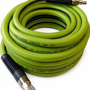 Air Hose 3/8 in x 50 ft, Heavy Duty, Lightweight, Kink Resistant, Hybrid Air Compressor Hose with 1/4 in Solid Brass Male Fittings, Bend Restrictors, 300 PSI (50FT, Green Black)-0