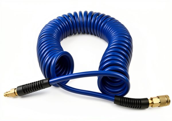 YOTOO Polyurethane Recoil Air Hose, Air Compressor Hose 1/4" Inner Diameter by 25' Long with Bend Restrictor, 1/4" Industrial Quick Coupler and Plug, Blue-1