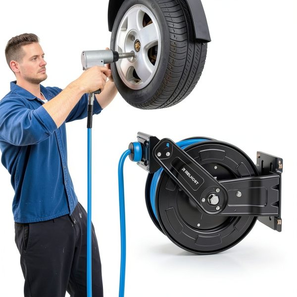 Retractable Air Hose Reel Relhost 50 ft 3/8 in Hybrid Steel Heavy Duty-7