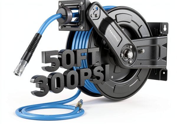 Retractable Air Hose Reel Relhost 50 ft 3/8 in Hybrid Steel Heavy Duty-0