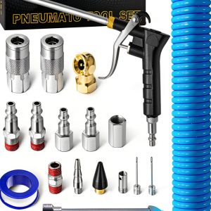 22-Packs Air Compressor Accessories Kit, 25FT Upgrade Repairable PU Air Hose with 1/4'' NPT Air Tool Kit, Air Blow Gun/Air Chuck/Tire Gauge, Pneumatic Tool Set-0