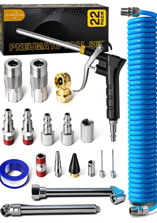22-Packs Air Compressor Accessories Kit, 25FT Upgrade Repairable PU Air Hose with 1/4'' NPT Air Tool Kit, Air Blow Gun/Air Chuck/Tire Gauge, Pneumatic Tool Set-0