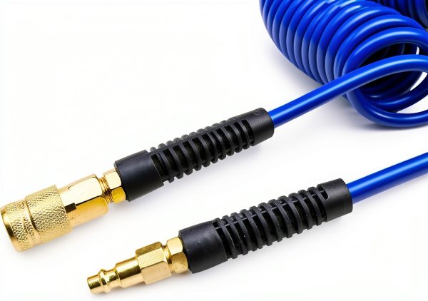 YOTOO Polyurethane Recoil Air Hose, Air Compressor Hose 1/4" Inner Diameter by 25' Long with Bend Restrictor, 1/4" Industrial Quick Coupler and Plug, Blue-2