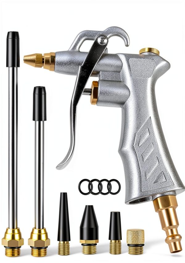 JASTIND Industrial Air Blow Gun with Brass Adjustable Air Flow Nozzle and 2 Steel Extension, Pneumatic Air Compressor Accessory Tool Dust Cleaning and Blower Gun-0