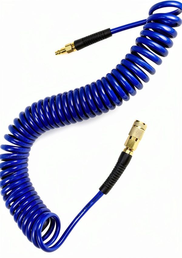 YOTOO Polyurethane Recoil Air Hose, Air Compressor Hose 1/4" Inner Diameter by 25' Long with Bend Restrictor, 1/4" Industrial Quick Coupler and Plug, Blue-0