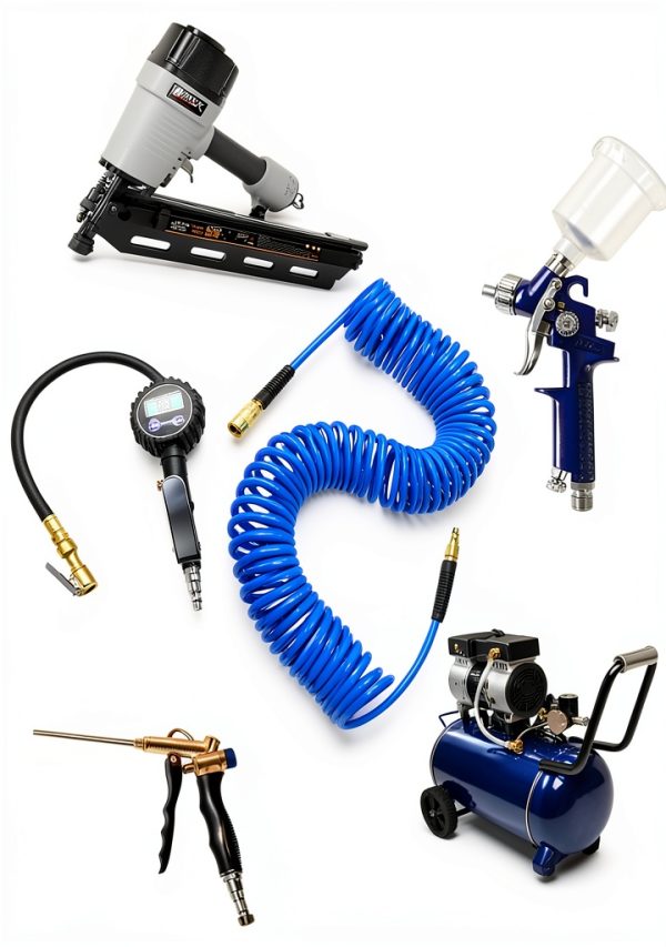 YOTOO Polyurethane Recoil Air Hose, Air Compressor Hose 1/4" Inner Diameter by 25' Long with Bend Restrictor, 1/4" Industrial Quick Coupler and Plug, Blue-5
